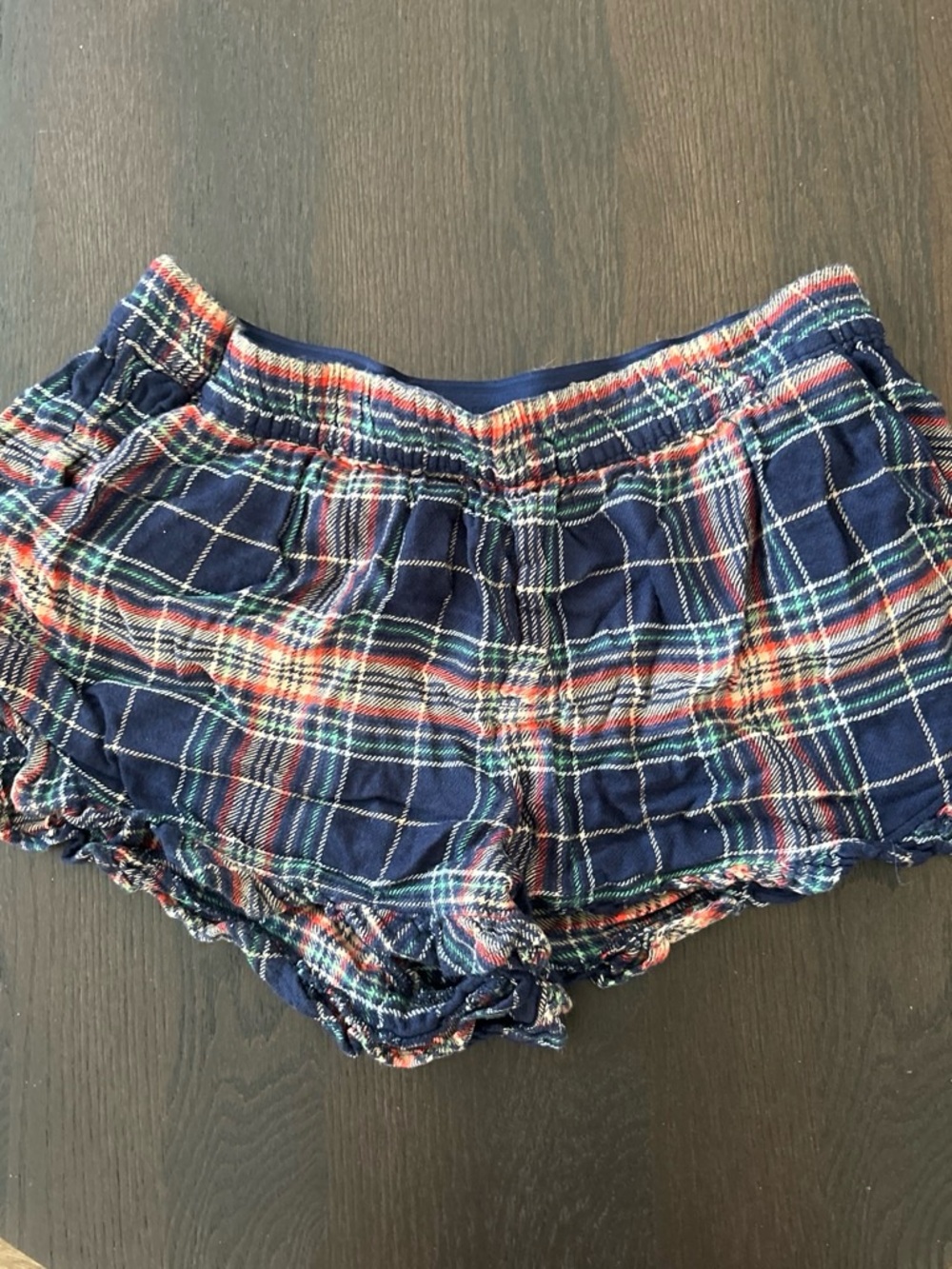 aerie Navy Plaid Ruffle Hem Athletic Lounge Shorts